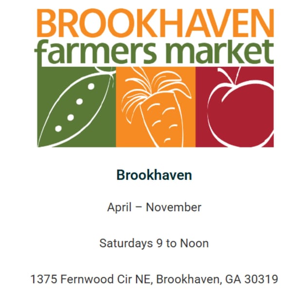 Brookhaven Farmers Market logo with pea pod, carrot, and apple icons, plus market details.