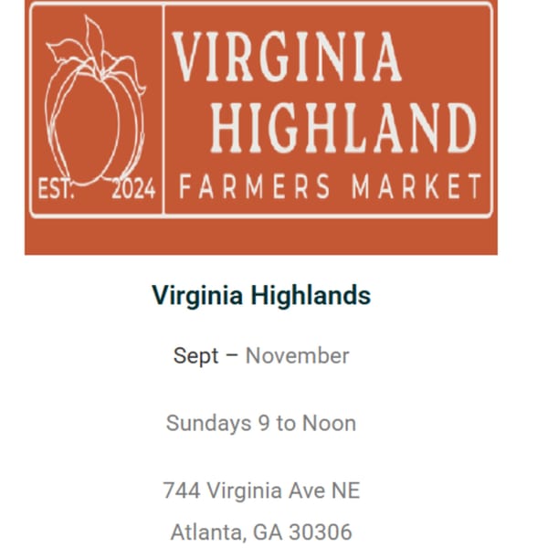 Virginia Highland Farmers Market logo with a peach illustration and market details below.