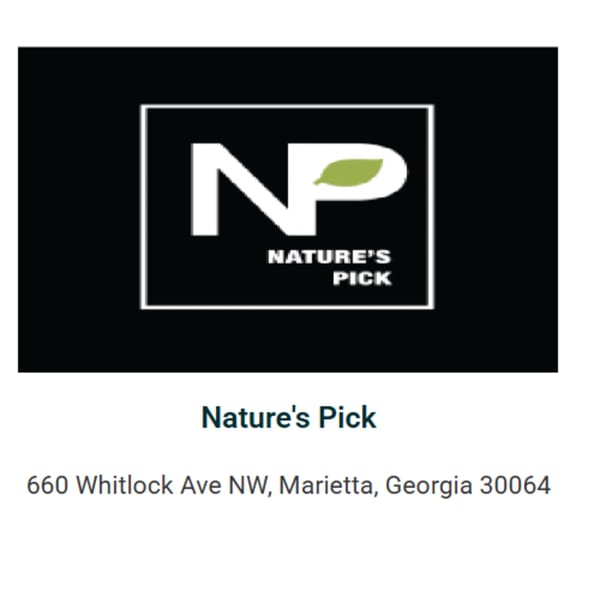 Nature's Pick logo with "NP" in white, a green leaf, and "NATURE'S PICK" text on a black background.