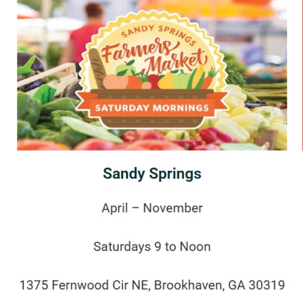 Sandy Springs Farmers Market logo over fresh produce like bell peppers and tomatoes.